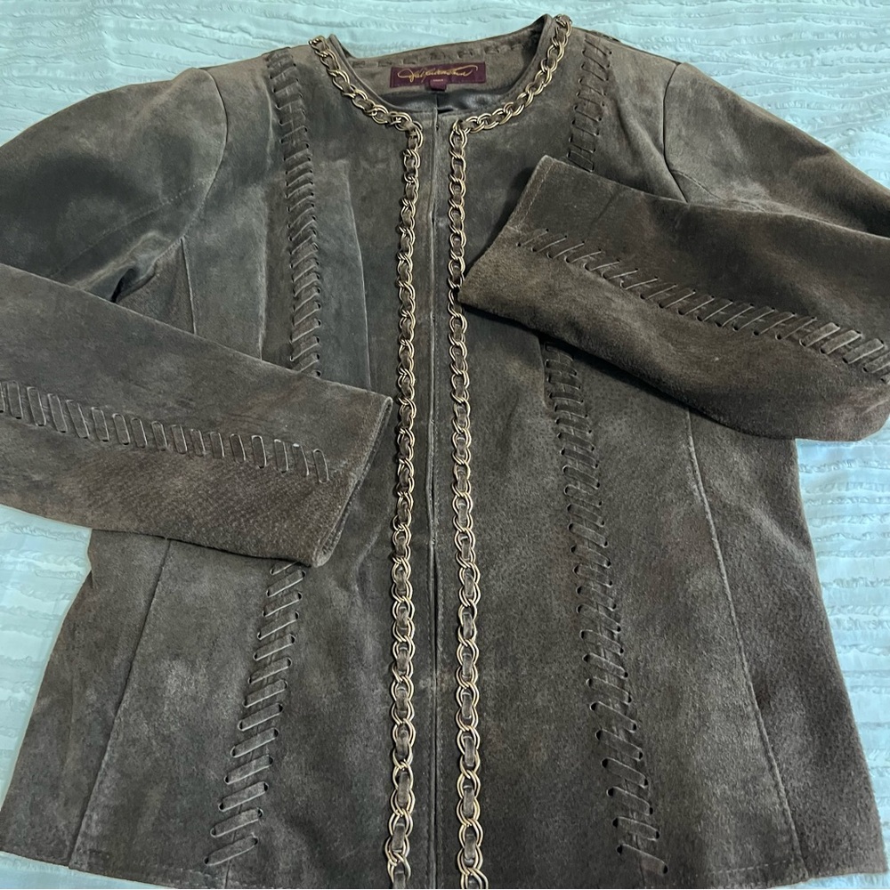 Hal Rubenstein Brown Suede Jacket Chain Accent Whipstitch Lined Women’s Size M